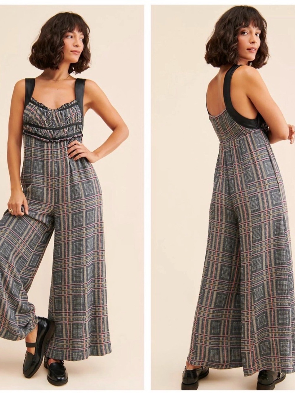 Free People Marley Gray Plaid Wide-Leg Jumpsuit size small #1256
